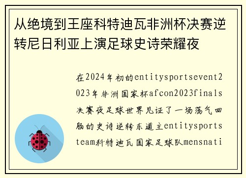 从绝境到王座科特迪瓦非洲杯决赛逆转尼日利亚上演足球史诗荣耀夜